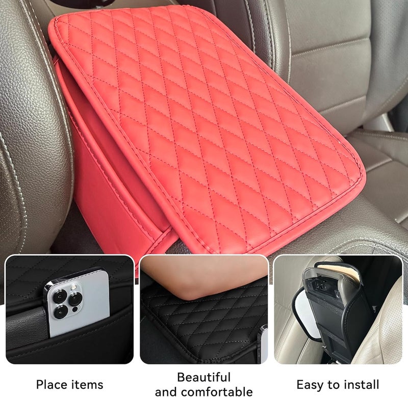 Tioollev Car Armrest Box Cover Diamond Quilted Grade Leather Console Organizer Car with Side Storage Pocket Universal Vehicle Middle Console Cover, Most Vehicle, SUV, Truck. (Red) - Image 3